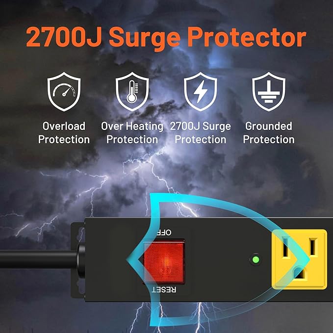 Heavy Duty 6 Outlet Metal Long Power Strip, 2700J Surge Protector - Image 4