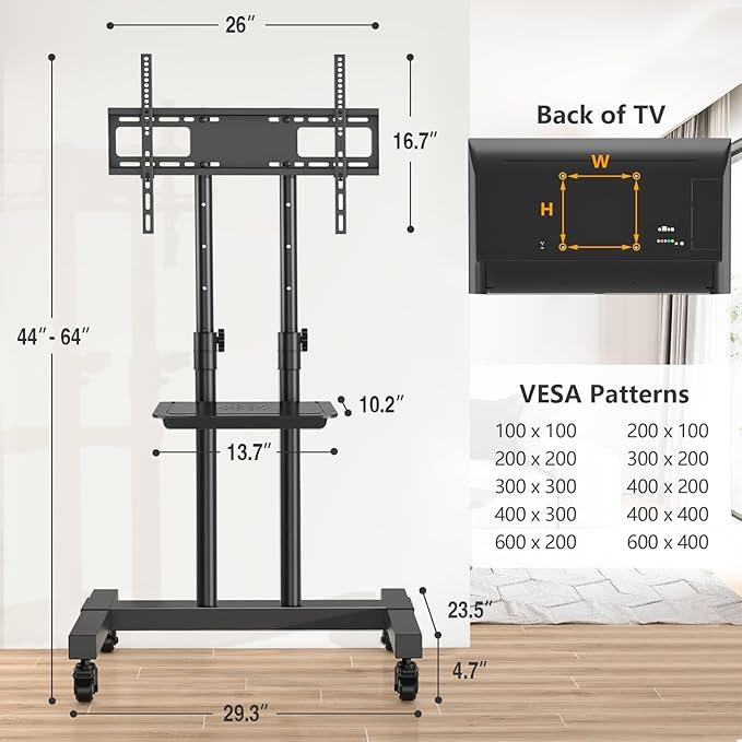 TVON Rolling TV Stand for 32-83 inch Flat Screen/Curved TVs up to 110 lbs - Image 9