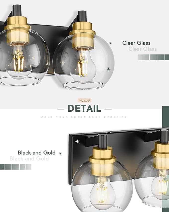METWET Bathroom Light Fixtures, 4-Light Black and Gold Bathroom Vanity Light - Image 3
