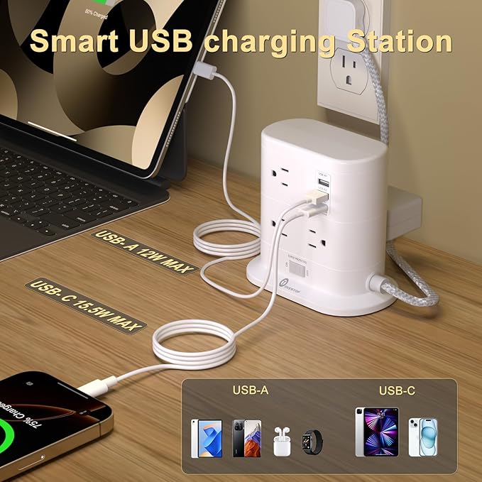 Overtop Tower Power Strip with Surge Protection, Nightlight Flat Plug Power - Image 4