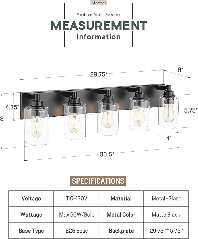 METWET 5-Light Bathroom Light Fixtures, 30 Inch Black Vanity Light - Image 3