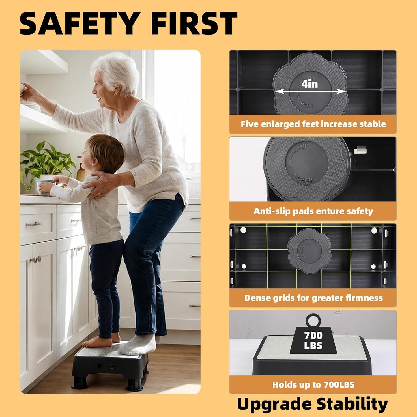 Adjustable Step Stool for Adults, Noctilucent Bed Step Stools, 660 LBS Capacity Non-Slip Safety Step Platform Indoor and Outdoor for Seniors and Kids, Wide Step Stools Elderly Assistance at Night