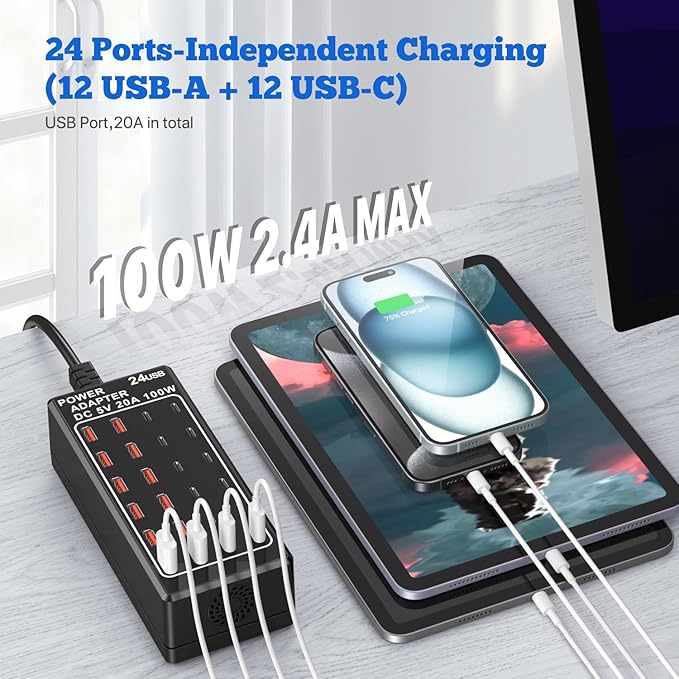 USB Charger Station, C Charging Block, 100W 24 Port Multiple USBCharger Desktop - Image 2