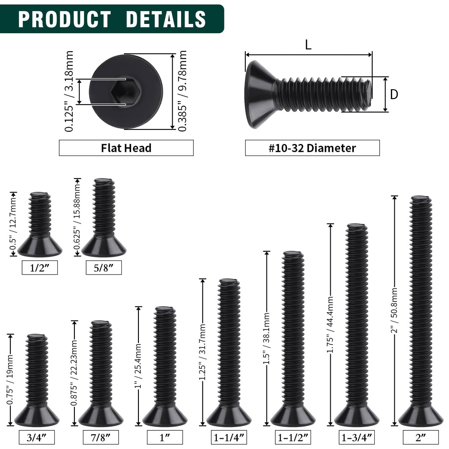 #10-32 x 3/4" Flat Head Socket Head Cap Screws Black, Allen Hex Drive, 304 Stainless Steel 18-8, Black Coated Finish, Corrosion Resistant, Full Thread, Coarse Thread, 50 PCS