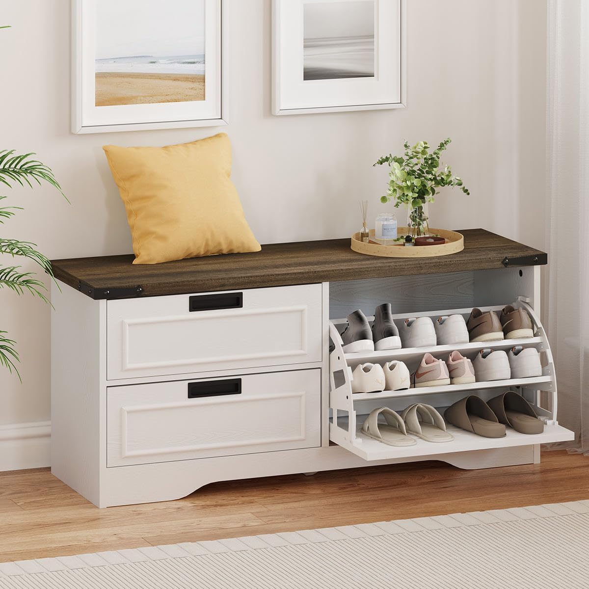 fatorri shoe storage bench with flip drawer, wooden, main product view