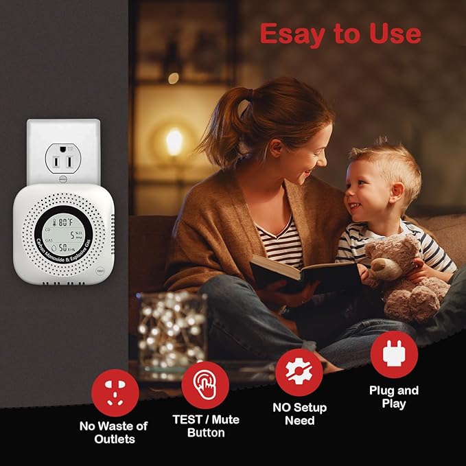 4-in-1 Carbon Monoxide & Natural Gas Leak Detector, Foldable Plug-in CO/Gas - Image 5