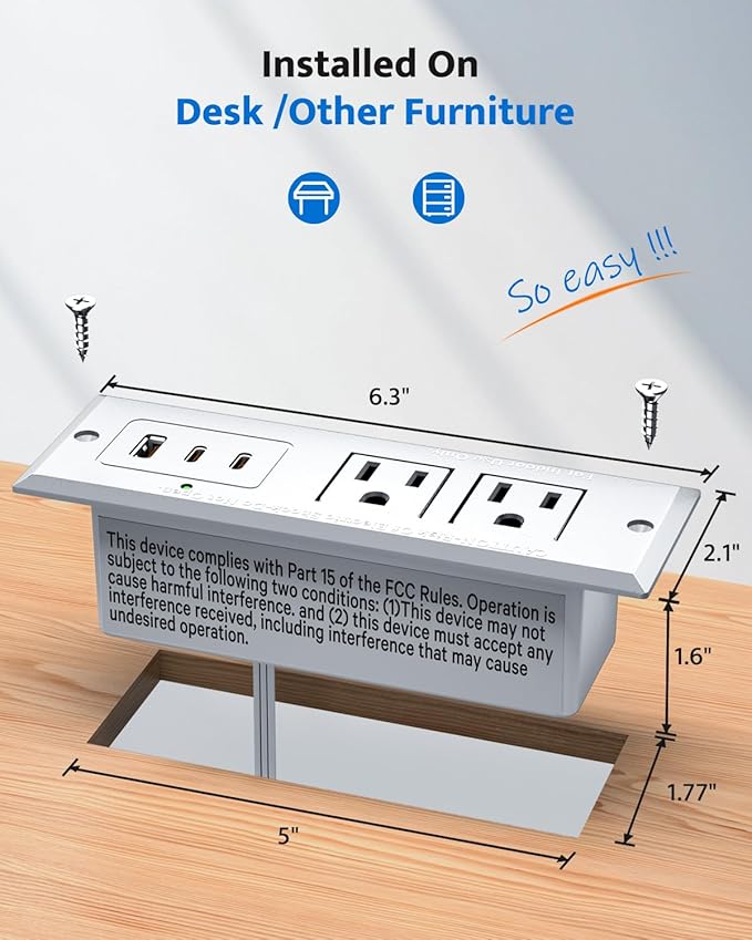 Recessed Power Strip with 20W USB C Port, Fast Charging USB A Port Conference - Image 6