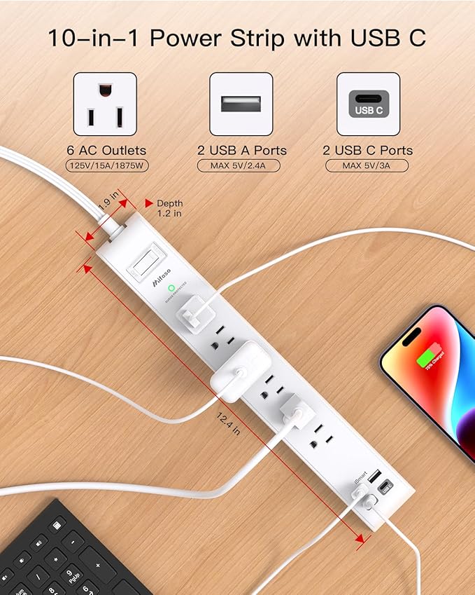 2 Pack Power Strip, 15FT Long Extension Cord, Surge Protector - Image 4