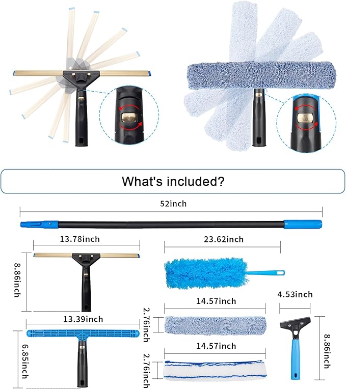Swivel Squeegee Kit with 4 Extension Poles, Glass Scraper, Bendable Duster - Image 2