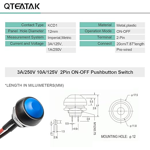 QTEATAK 1/2" Pre-Wired Mounting Hole On/Off Blue Mini Round Waterproof - Image 5