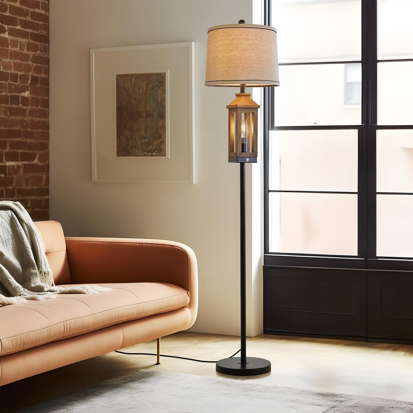 G-SAFAVA 63" Farmhouse Floor Lamps for Living Room Bedside Nightstand Lamp Black Tall Standing Lamp for Home Decor Bedroom Reading Wood Lamp Rustic Bed Lights with 2 Light Sources