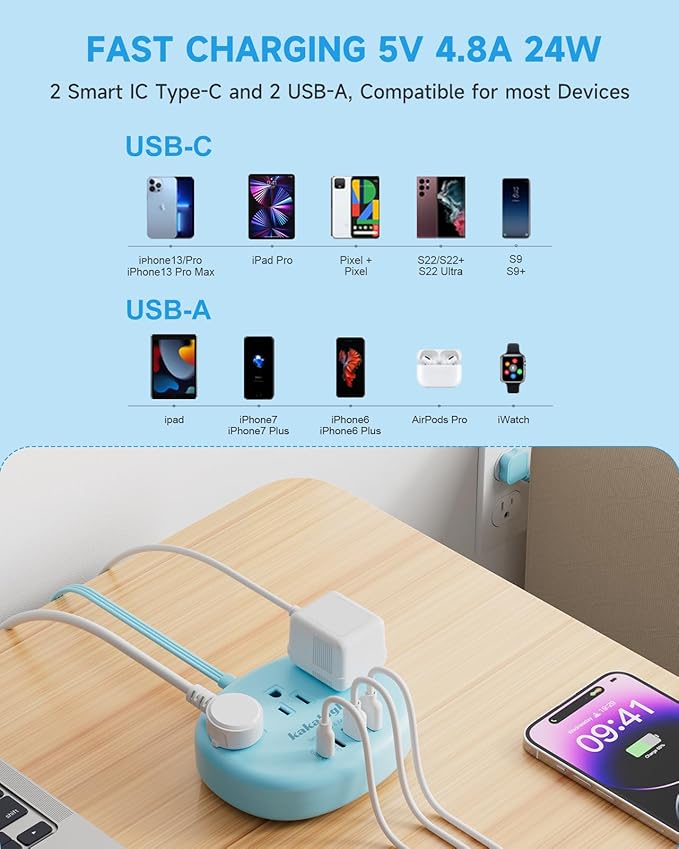 Blue Extension Cord with Surge Protected 1080J - 5 FT Flat Extension Cord - Image 4