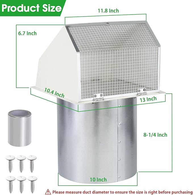 10 Inch Hooded Wall Vent with Screen and Damper, Outdoor Wall Exhaust Vent - Image 2