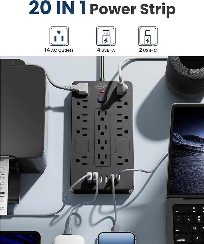 JouleLoom Surge Protector Power Strip-14 Outlets and 6 USB Ports, 10 Feet Flat - Image 2