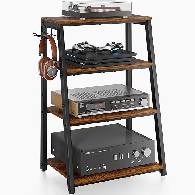 4-Tier AV Media Stand with 2 Hooks, Heavy Duty Stereo Cabinet Furniture-Large by X-cosrack