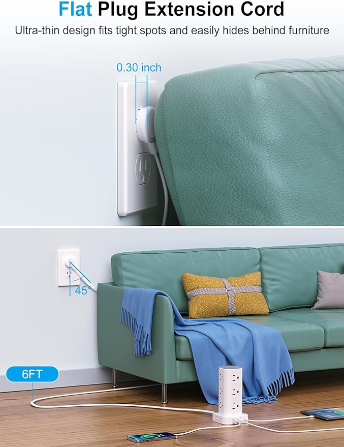 Power Strip Tower with Multiple Outlets, Flat Plug Surge Protector Tower - Image 3