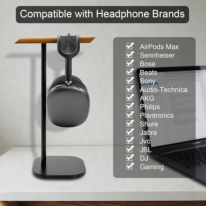 GEVO Headphone Stand for Desk, Walnut Wood & Aluminum Headset Stand, Universal - Image 5