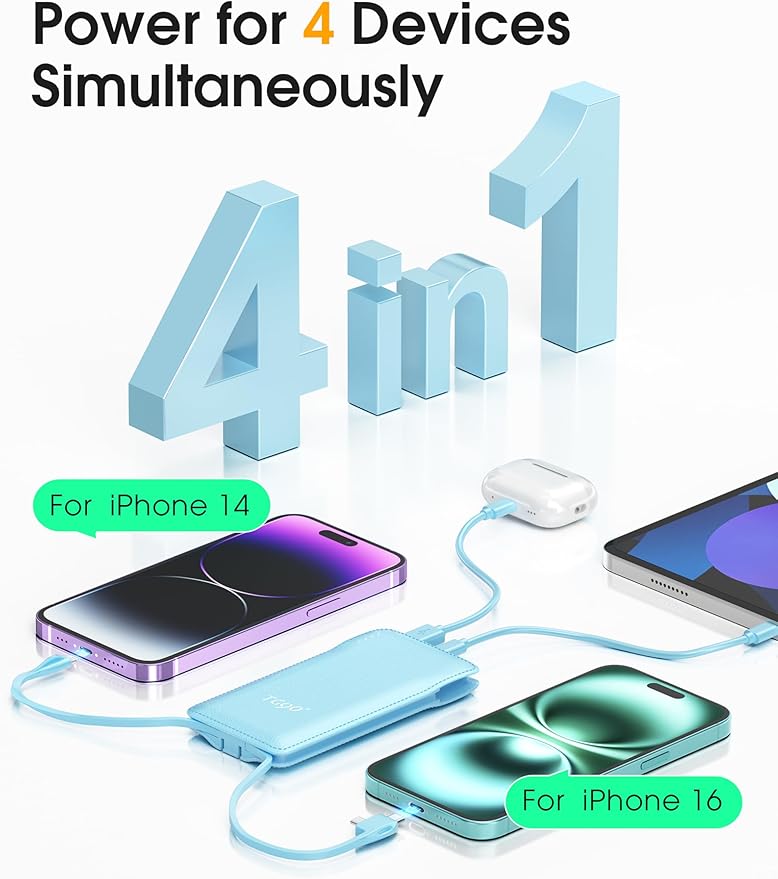 TG90° 10000mAh Power Bank with Built-in AC Wall Plug and Cables, Ultra Slim - Image 2