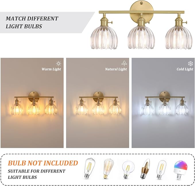 Shenmoyl Bathroom Light Fixtures, 3-Light Brass Vanity Wall Light Over Mirror - Image 4