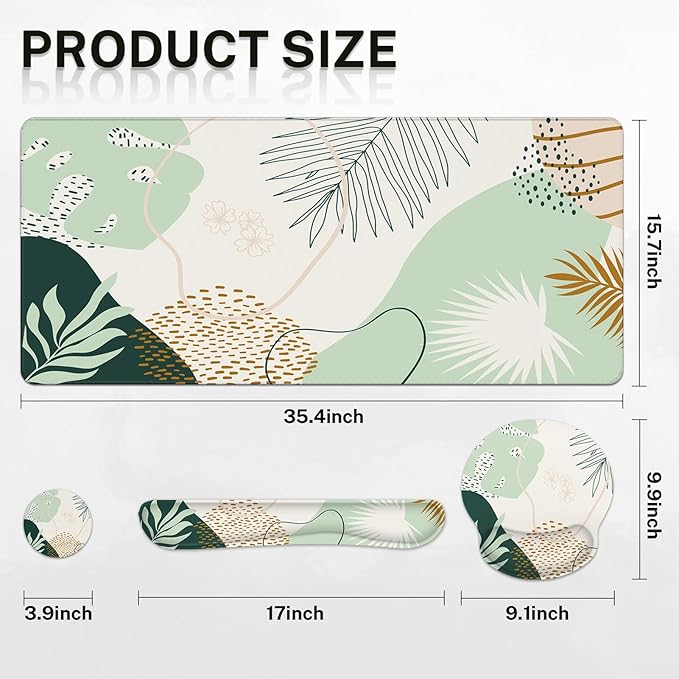 Britimes Green Boho Leaves Keyboard Mouse Pad Set 4in1 Large Mousepad+Keyboard - Image 2