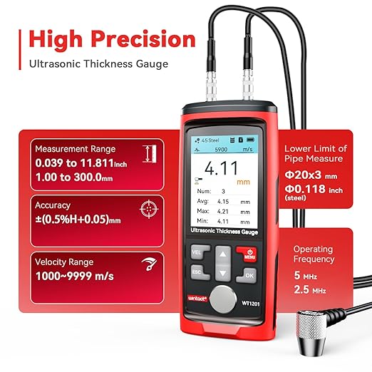 Wintact Digital Ultrasonic Thickness Gauge, Range 0.039 to 11.81 in - Image 2