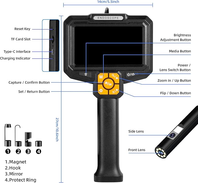 5" Dual-View Handle Endoscope Camera, 2MP Front&Side Lens, IP67 Waterproof 5M - Image 8