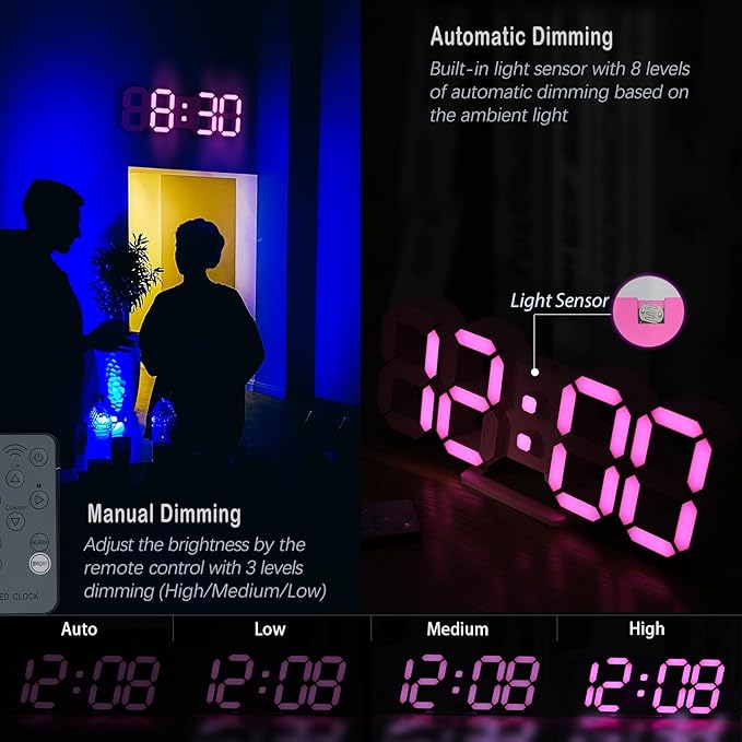 KOSUMOSU Pink LED Clock 3D Wall Clock 9.7" Table Clock - Image 3