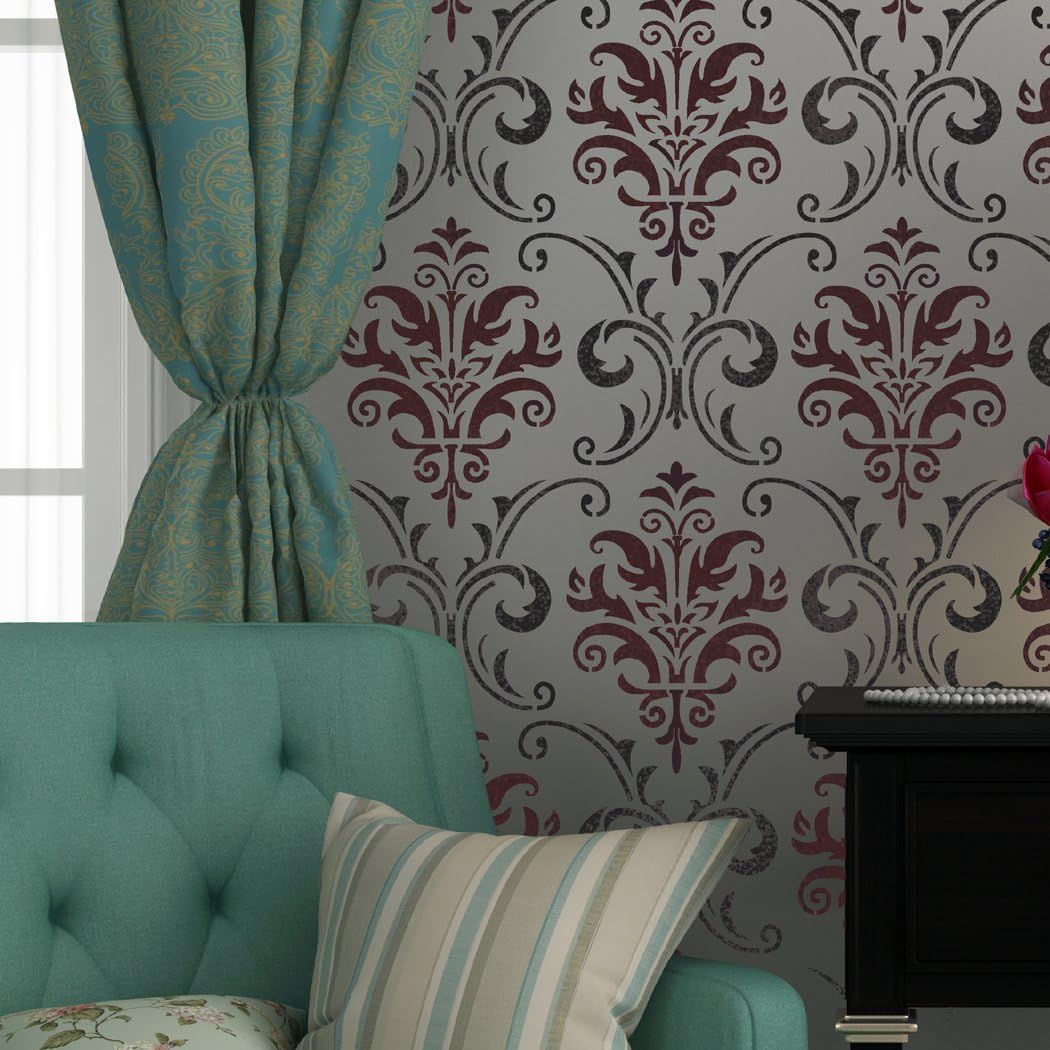 Wall Stencil - Reusable Template for DIY Decor Walls Rooms and Furniture, Wallpaper Look (Damask Allover Reusable Carol)