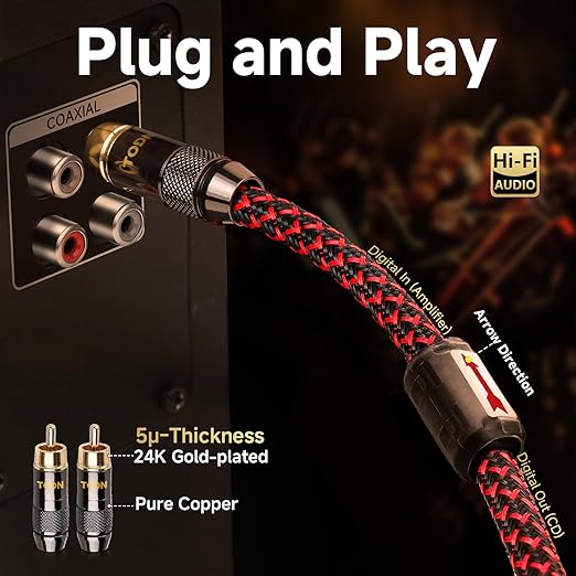 TODN Digital Coaxial Cable OFC Core 75-Ohm Audiophile SPDIF Coax Audio Cable - Image 3