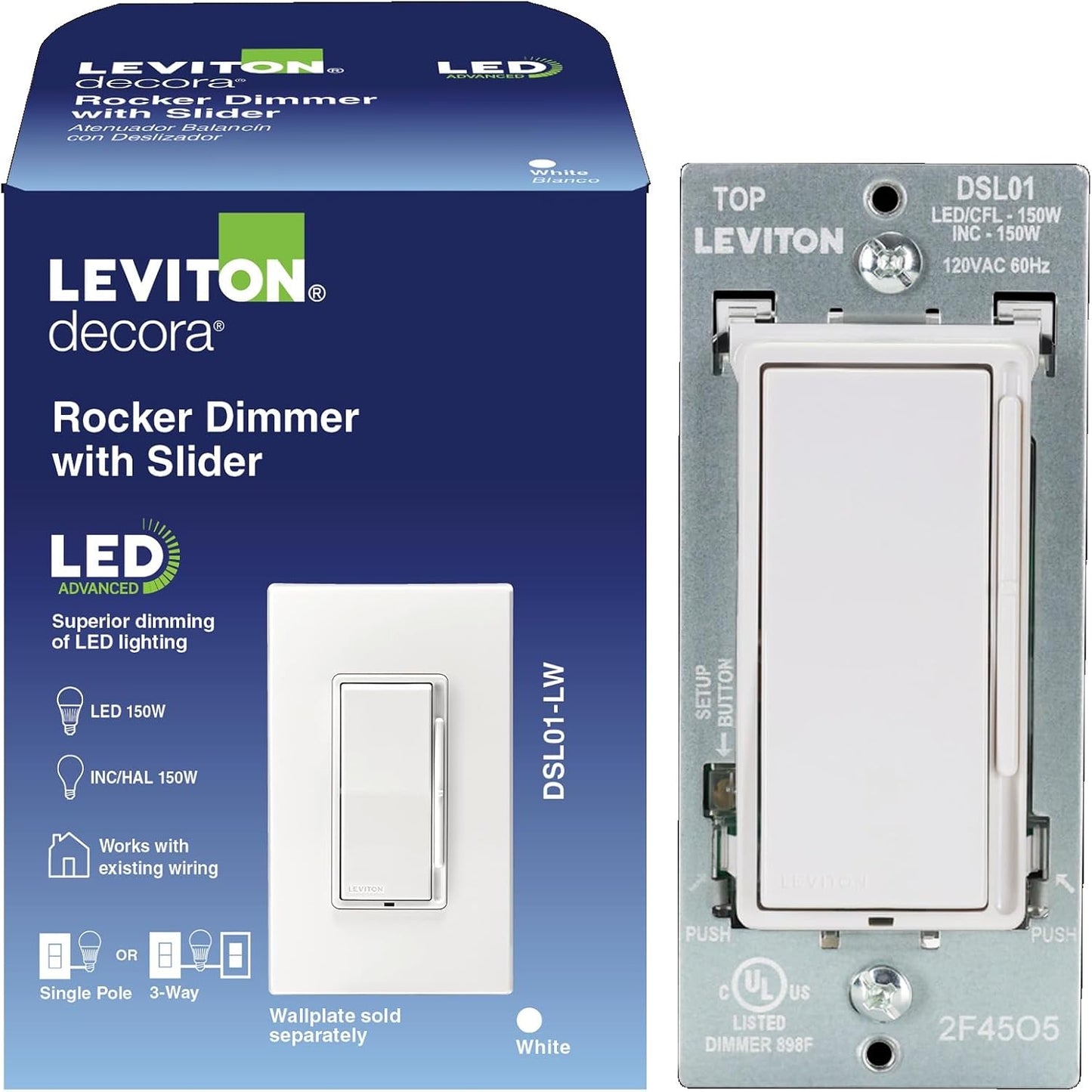 Leviton Decora Slide LED Advanced Dimmer Switch for 150W Dimmable LED, Halogen and Incandescent Bulbs and Fixtures, DSL01-LW, White