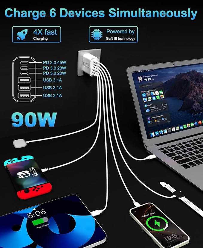 90W GaN USB C Charger Block, 6-Port USB C Wall Charger Fast Charging 45W PD - Image 2