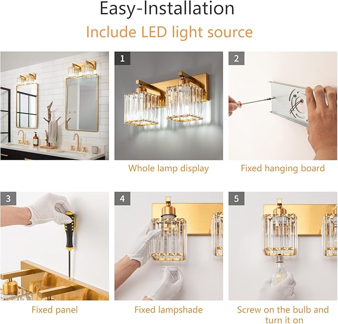 FDPBY Modern Bathroom Vanity Light 2-Lights Gold Crystal Bathroom Wall Light - Image 7