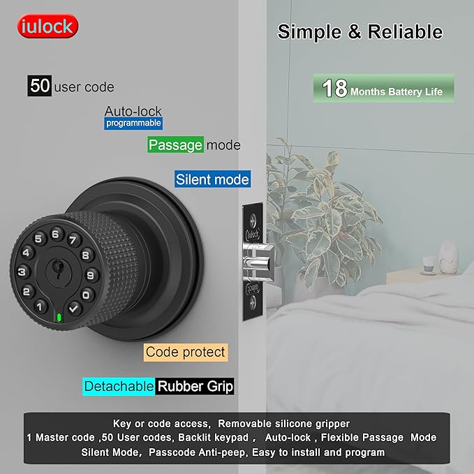 iulock Keypad & Key Smart Door Lock, 50 User Codes, Waterproof, Auto Lock - Image 2