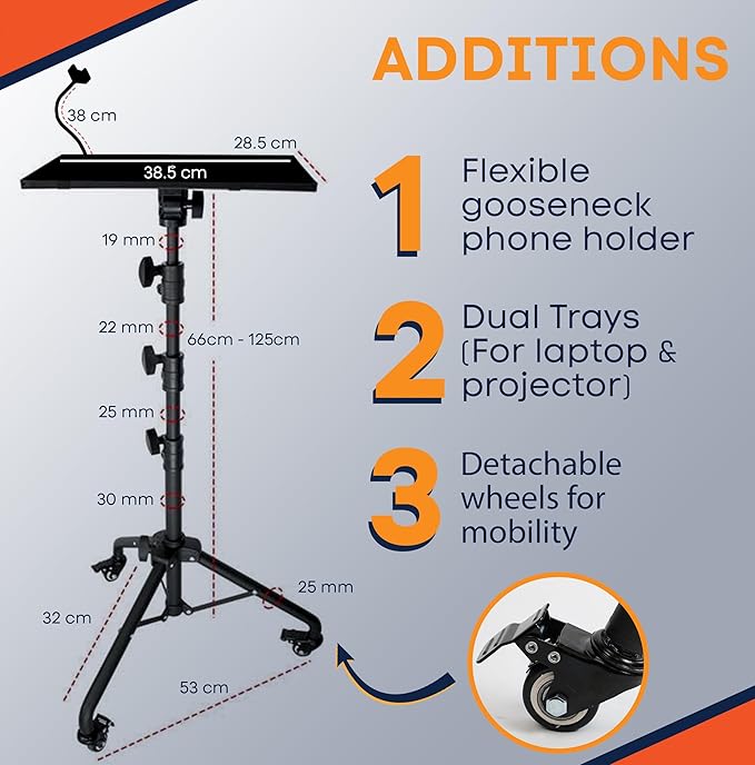 Prozipy Laptop & Projector Tripod Stand Adjustable Height 26 to 51” Wheely - Image 2