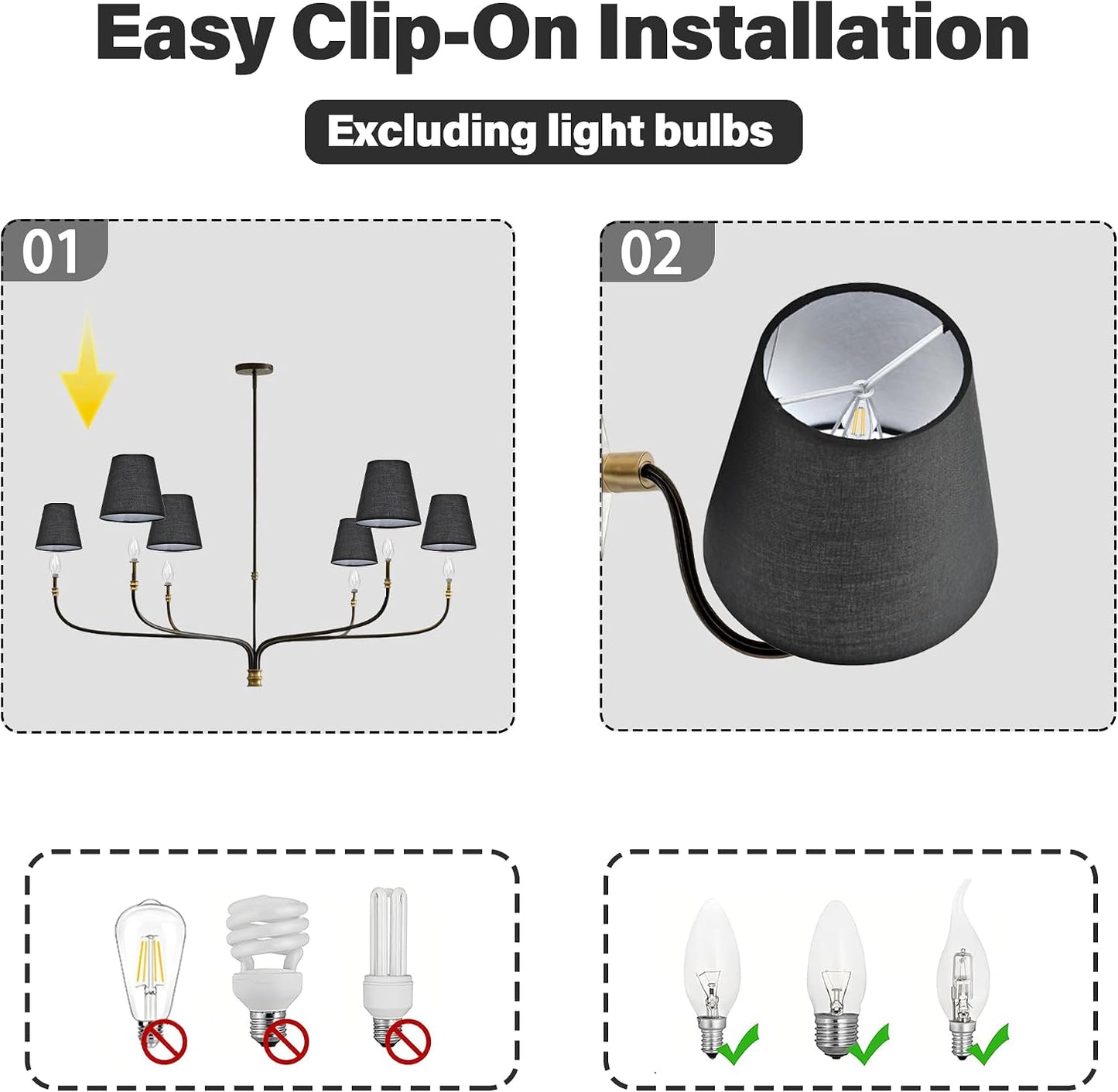 Black Empire Chandelier Shades Set of 6, Clip-On Shades for E12 Bulbs | 3.1" top x 5.9" bottom x 5.1" high fabric covers for chandeliers, wall sconces, and small table lamps