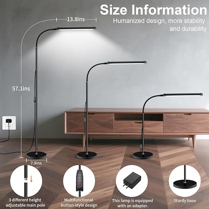 Modern LED Floor Lamp for Reading in Black, Bright 12W Dimmable Standing Light - Image 6