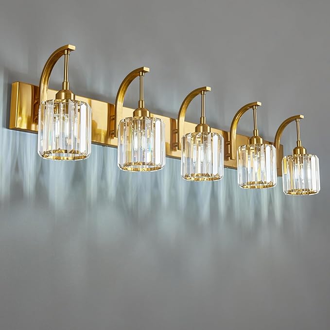FDPBY 5-Light Crystal Vanity Light, Modern Gold Bathroom Wall Sconce by FDPBY