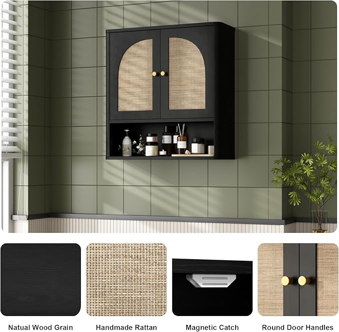 RUSTOWN Rattan Bathroom Wall Cabinet, Over The Toilet Storage Cabinets - Image 4