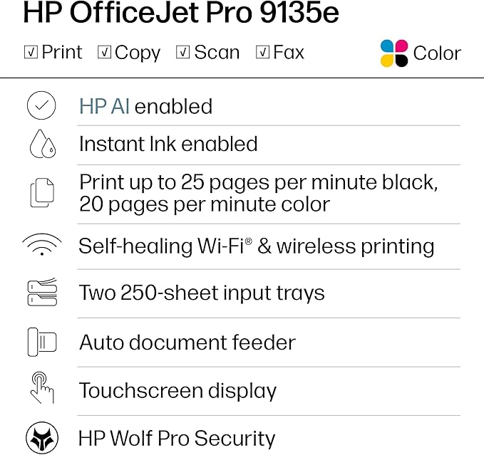 HP OfficeJet Pro 9135e Wireless All-in-One Color Inkjet Printer, Duplex - Image 2