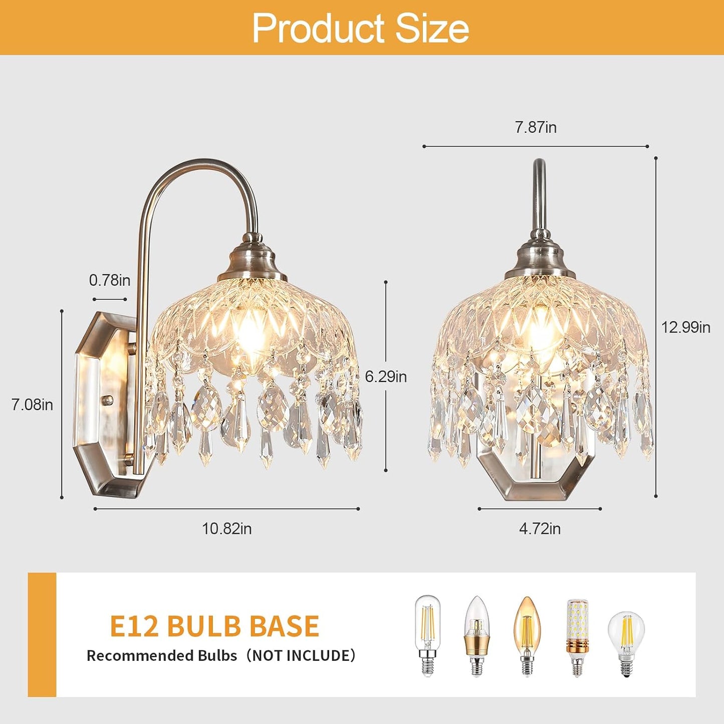 2-Pack Vintage Wall Sconce,Glass Crystal Wall Sconce,Matte Brushed Antique Nickel Finish Set of Two for Bedroom Bathroom Hallway Living Room Decor