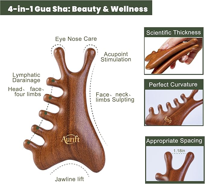 4-in-1 Wooden Gua Sha Facial Tools & Hair Detangler Brush Set – Manual Guasha - Image 2