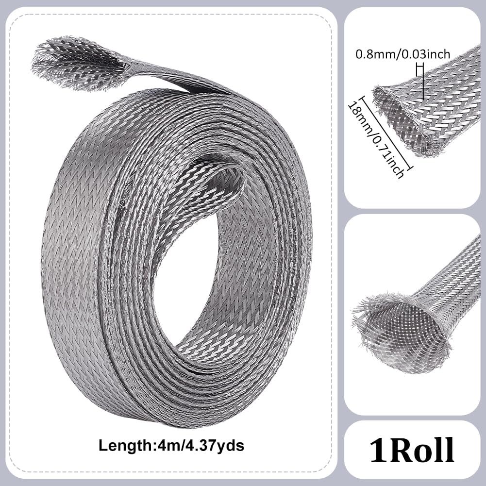 UNICRAFTALE 13.12ft(4m) 0.7" W Braided Sleeving Braid Stainless Steel Cable Wire Shielding Sleeve Ground Straps Protection Flat Metal Mesh Flexible Expandable Scalable Ribbon Wire for Protect Cable