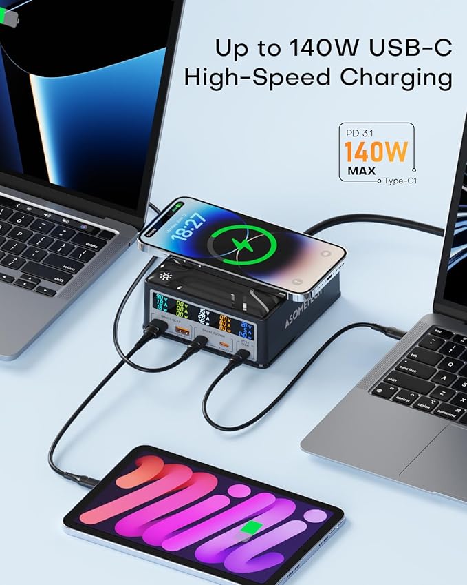 USB Charging Station, ASOMETECH 260W 5Ports Fast Charging Hub, 140W PD3.1 USB C - Image 2