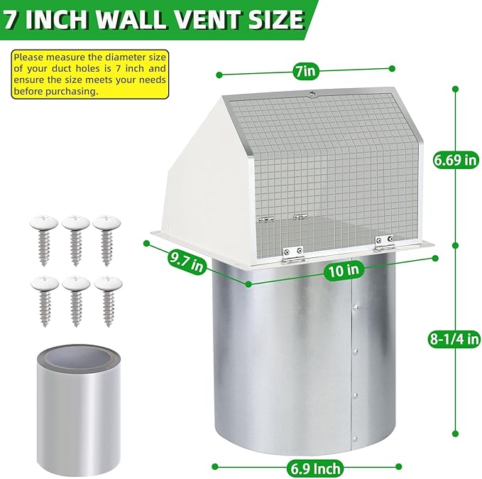 7Inch Hooded Wall Vent with Screen and Damper, Galvanized Steel Exhaust Vent - Image 2
