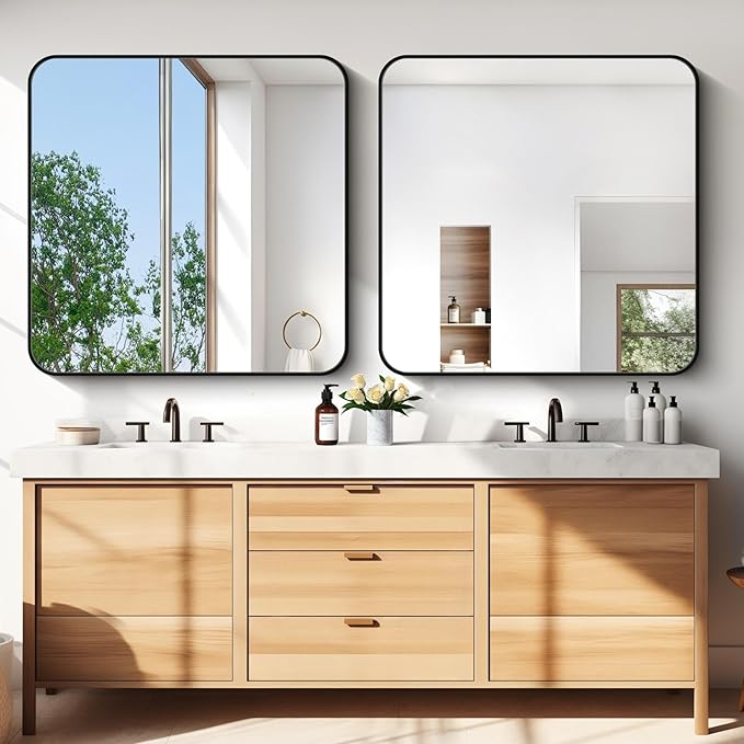 Bathroom Mirror, 42x42 inch Black Square Wall Mirror, Rounded Corner Aluminum - Image 3