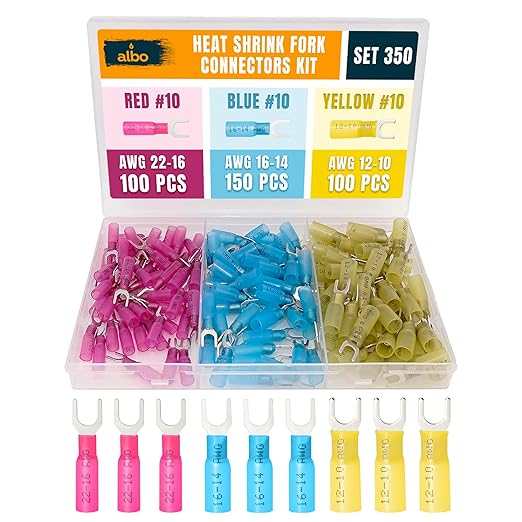 ALBO 350PCS Heat Shrink Fork Spade Connectors Kit #10 – 22-10 AWG Tinned Copper by BinamInc