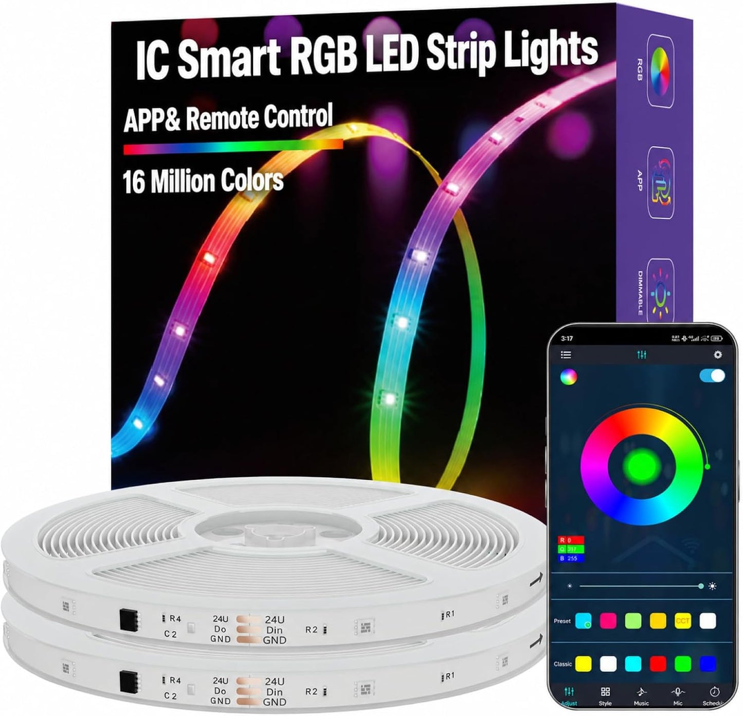 MFWW 100ft RGB+IC LED Strip Lights, LED Lights for Bedroom, Smart Control