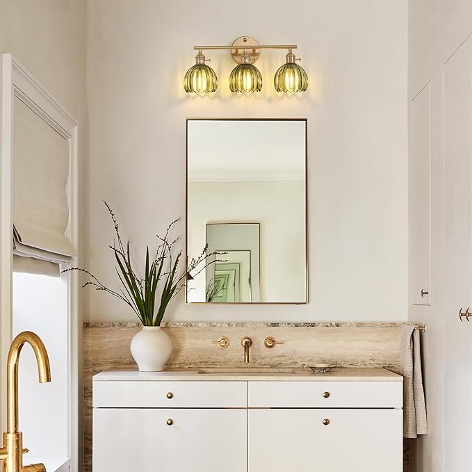 Shenmoyl Bathroom Light Fixtures, 3-Light Brass Vanity Wall Light Over Mirror - Image 2