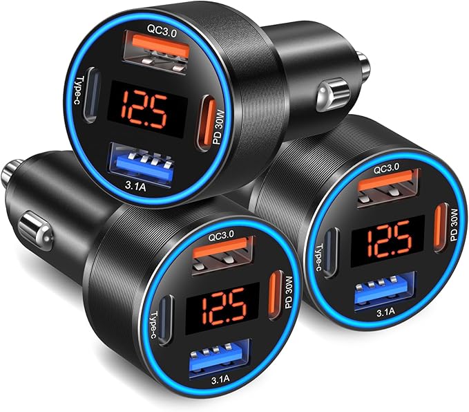 3 Pack USB C Car Charger, 4-Port 65W Dual 12V USB-A & USBC Cigarette Lighter by Bangfun