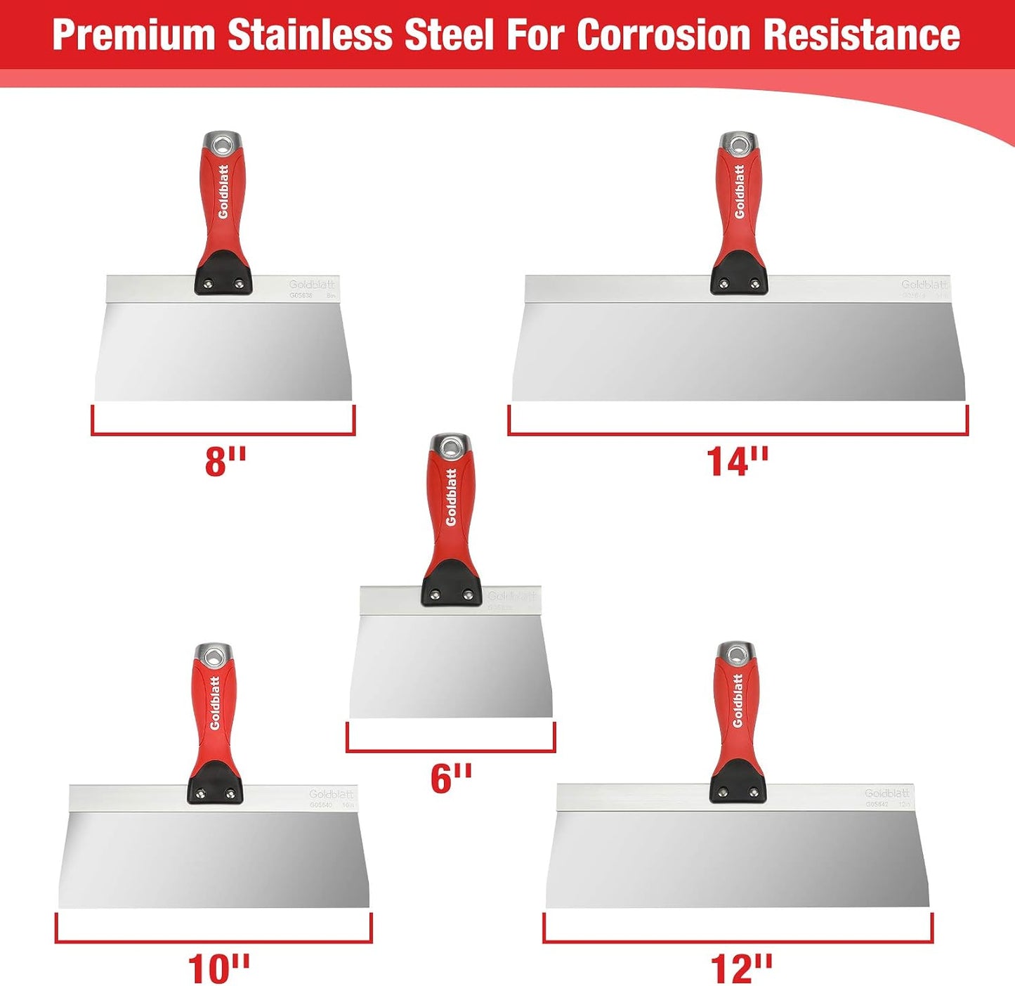 Goldblatt 5 Piece Stainless Steel Taping Knife Set for Drywall Finishing | 6 to 14 in, Drywall Knife, Putty Knife, Plaster & Taping Blade, Stainless Steel, Alloy Nail-set End, for Joint Compound